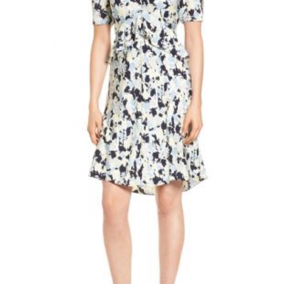 Lewit Silk Flounce Dress Ruffle Blue Green A-Line Printed Womens 6 Short Sleeve - Picture 2 of 12